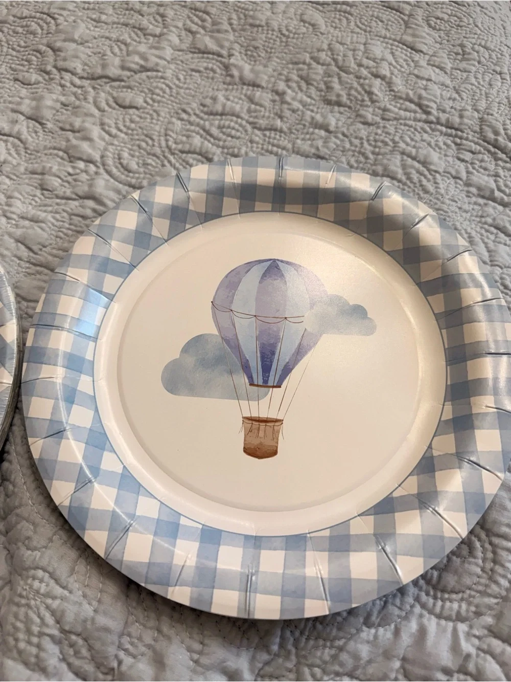 Blue gingham hot air balloon plates and napkins and it’s a boy napkins